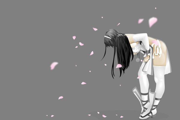 Dziewczyna w białej szacie, otoczona latającymi płatkami wiśni