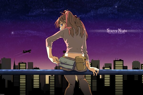 A girl on the background of a night city