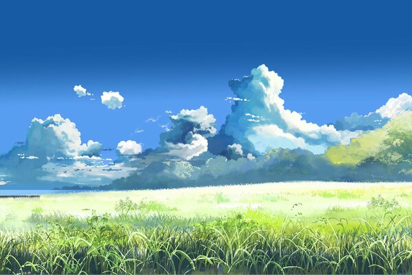 Junges Gras unter blauem Himmel mit Anime-Wolken