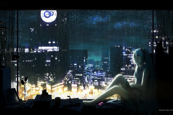 Anime chica en auriculares noche lluvia