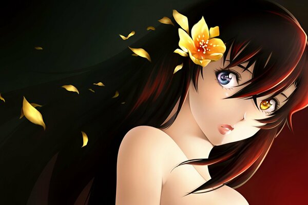 Chica de anime con diferentes glpzami y una flor en el pelo
