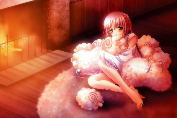 Gentle girl with sheep by the fireplace