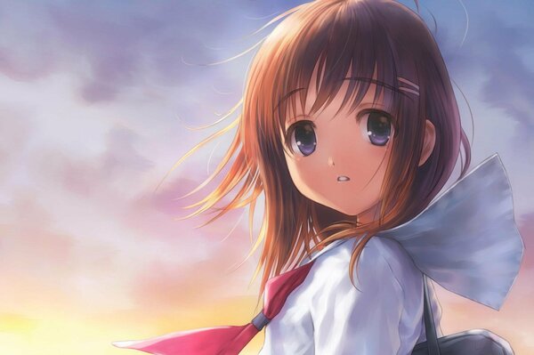 Girl with loose hair in the wind in anime style