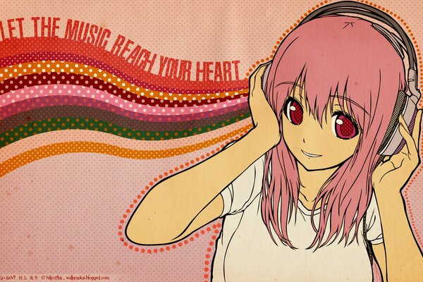 Anime chica con el pelo rosa en los auriculares