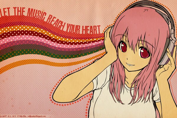 Anime fille avec des cheveux roses dans les écouteurs