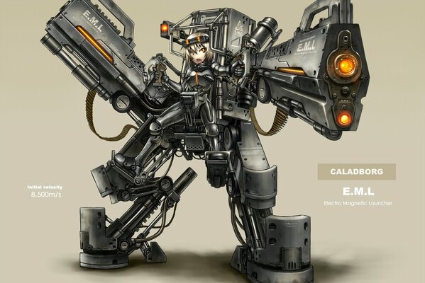 An intimidating exoskeleton with a gun