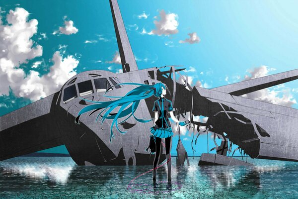 Hatsune Miku vor dem Hintergrund eines abgestürzten Flugzeugs und des Meeres