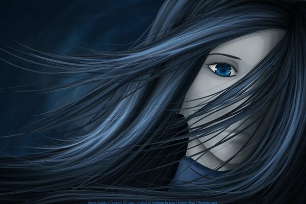 Anime girl with blue hair and eyes. One eye is covered with hair