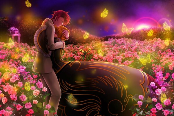 Dwoje kochanków w środku magicznego ogrodu wypełnionego różami i motylami