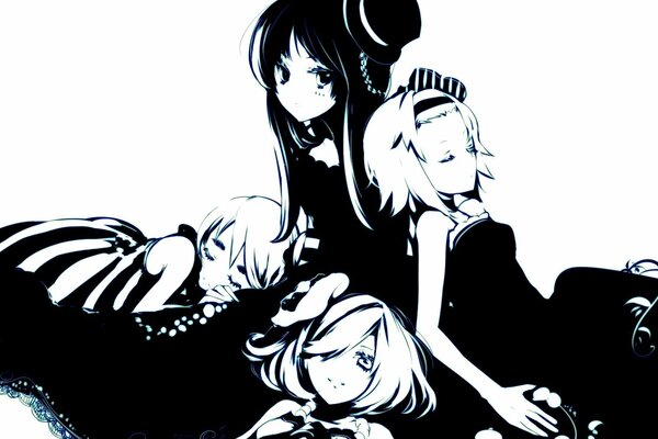 Black and white image of girls in manga style