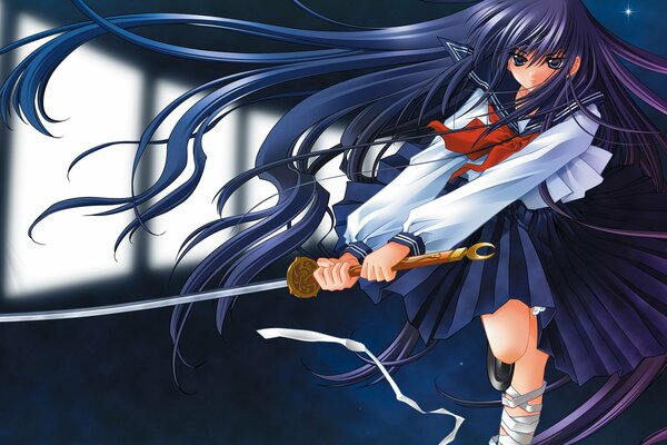 A girl in a sailor suit with a katana in her hands