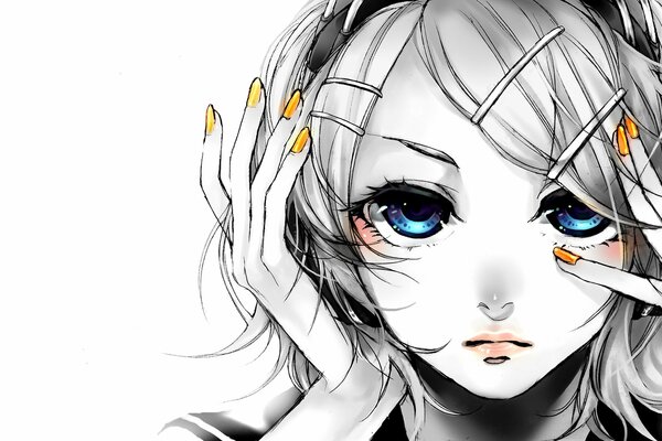 Anime girl with blue eyes and yellow nails