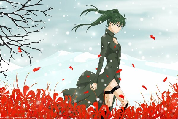 Anime fille qui pleure sur le champ de fleurs