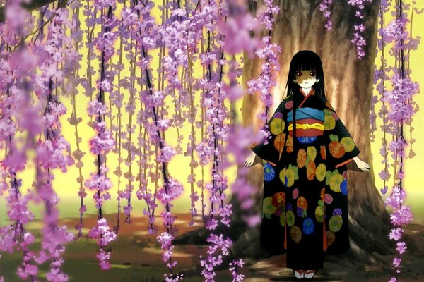 Mädchen im Kimono auf Kirschblüten Hintergrund