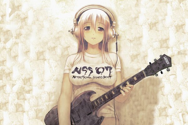 Anime chica en auriculares con guitarra