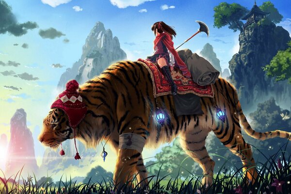 Anime fille Chan sur un tigre dans un chapeau d hiver. Fantasy anime