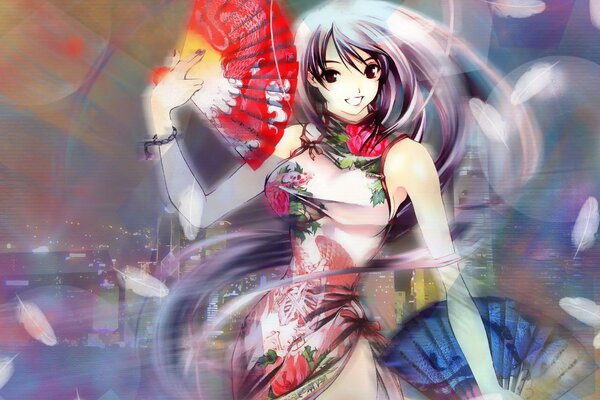 Anime chica en kimono con Ventilador rojo en el fondo de la ciudad de anime