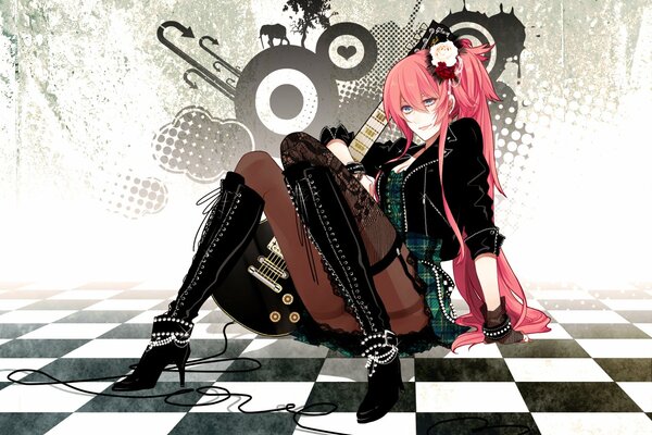 Megurine luka aux cheveux roses et à la guitare