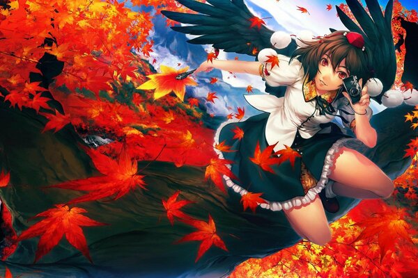 Anime girl on a tree in maple leaves