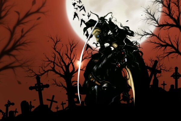 Дампир ночью на фоне луны с крестами и мечом