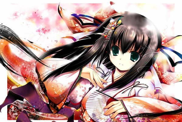 A girl in a fluttering kimono with a fan