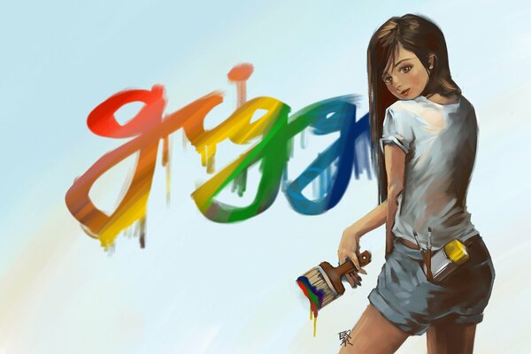 A girl with a brush near a bright rainbow-colored inscription