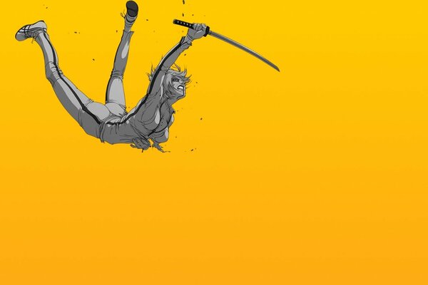 Art for the film kill Bill on a yellow background with a girl and a katana