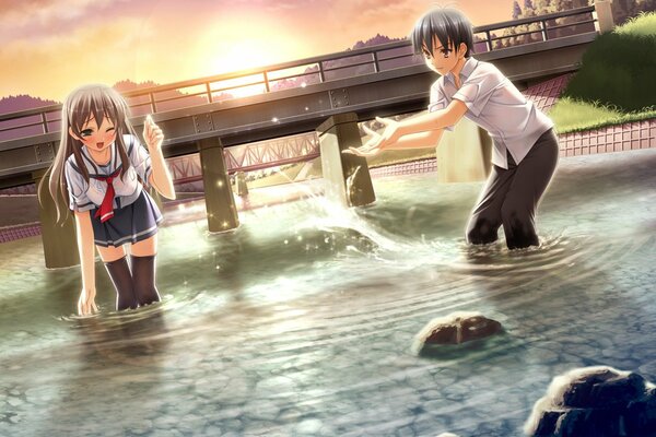 Chico y chica chapoteando en el río de anime