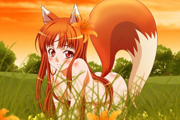 A fox girl with a flower in her hair