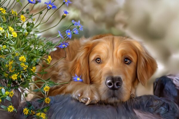 Un perro pintado con una mirada devota junto a las flores