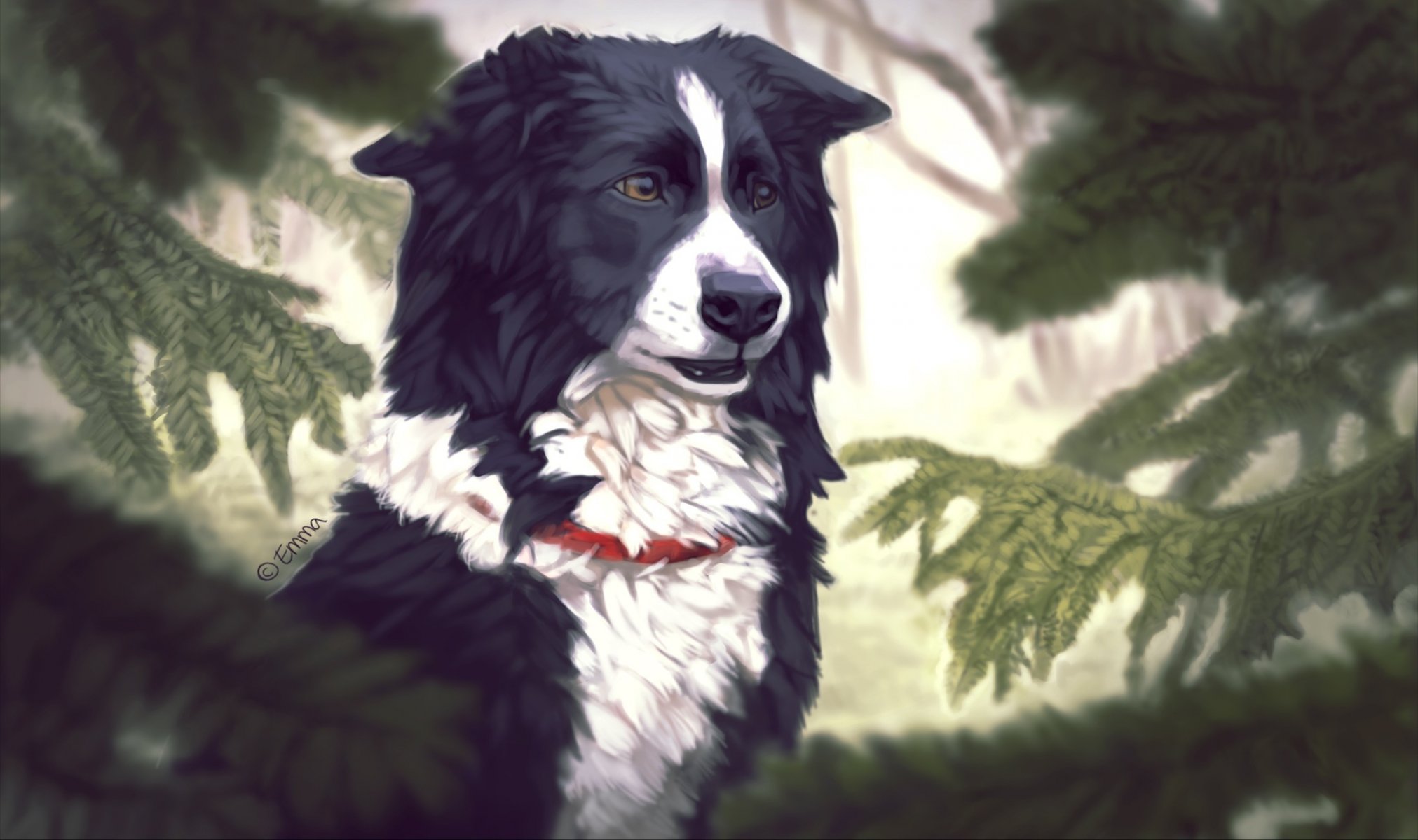 arte emma jonsson perro árboles abeto agujas de pino collar de perro