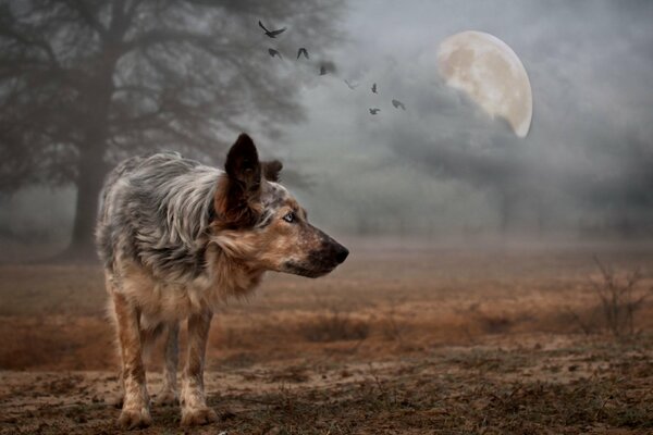 Hund auf dem Hintergrund des abnehmenden Mondes