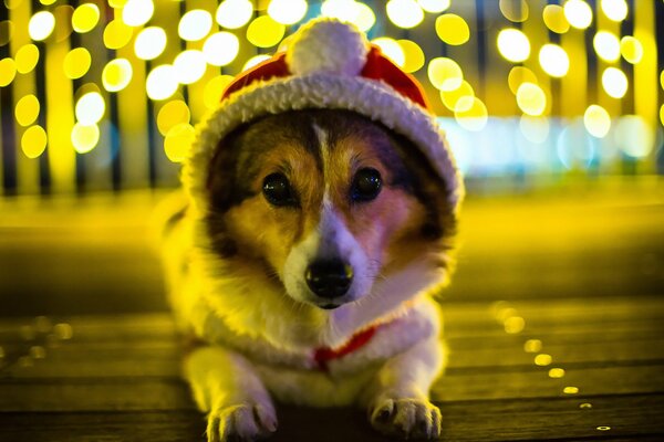 Cagnolino in un cappello festivo rosso