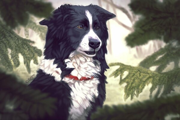 A dog in a red collar among the fir trees