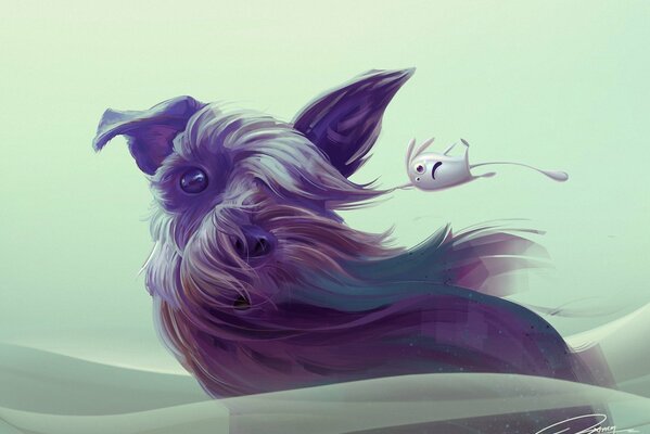 El viento sopla sobre el animal y el perro