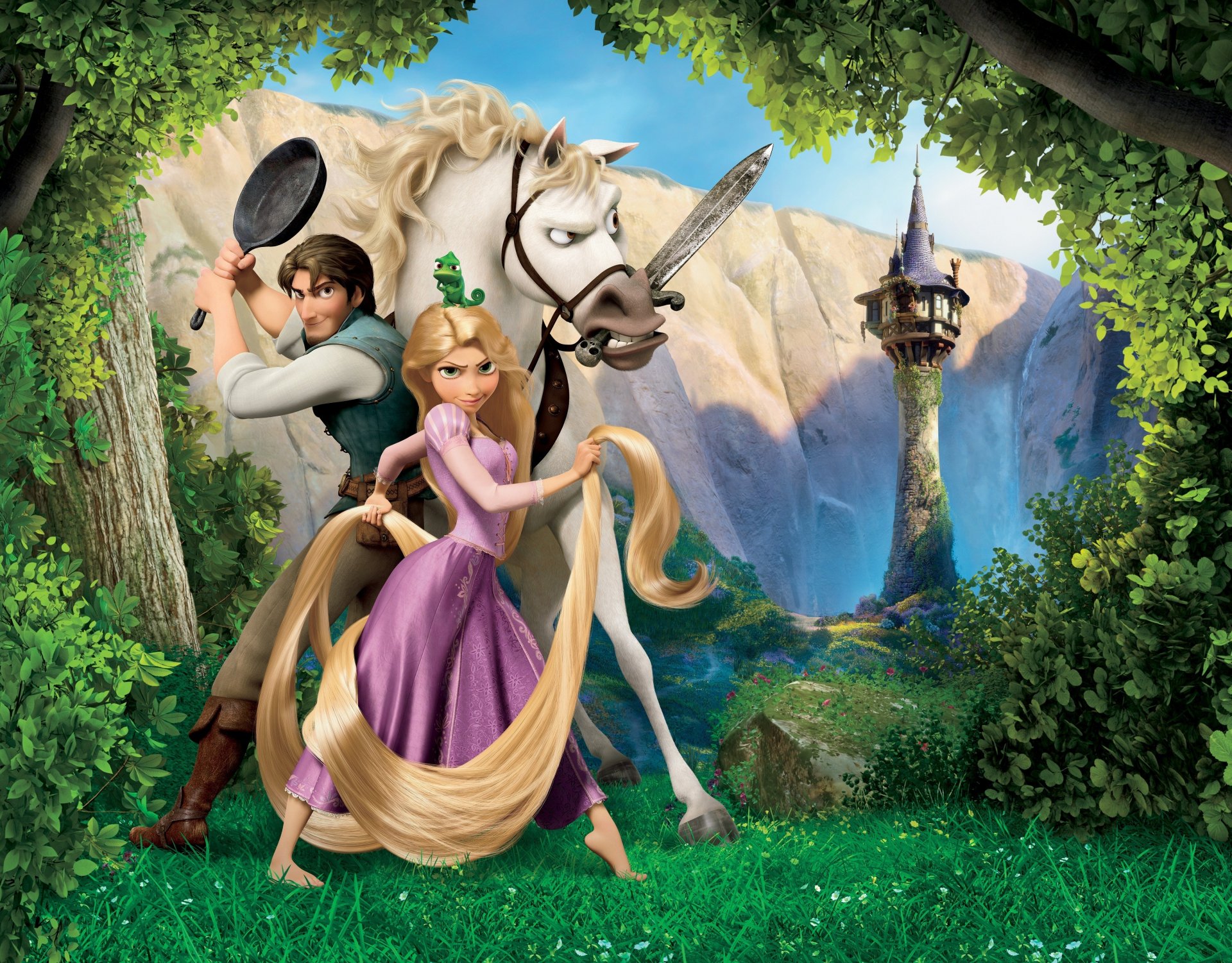 rapunzel: tangled rapunzel flynn massimo massimo pascal principessa ladro cavallo camaleonte castello torre cielo montagne foresta valle ruscello alberi erba fiori spada padella capelli