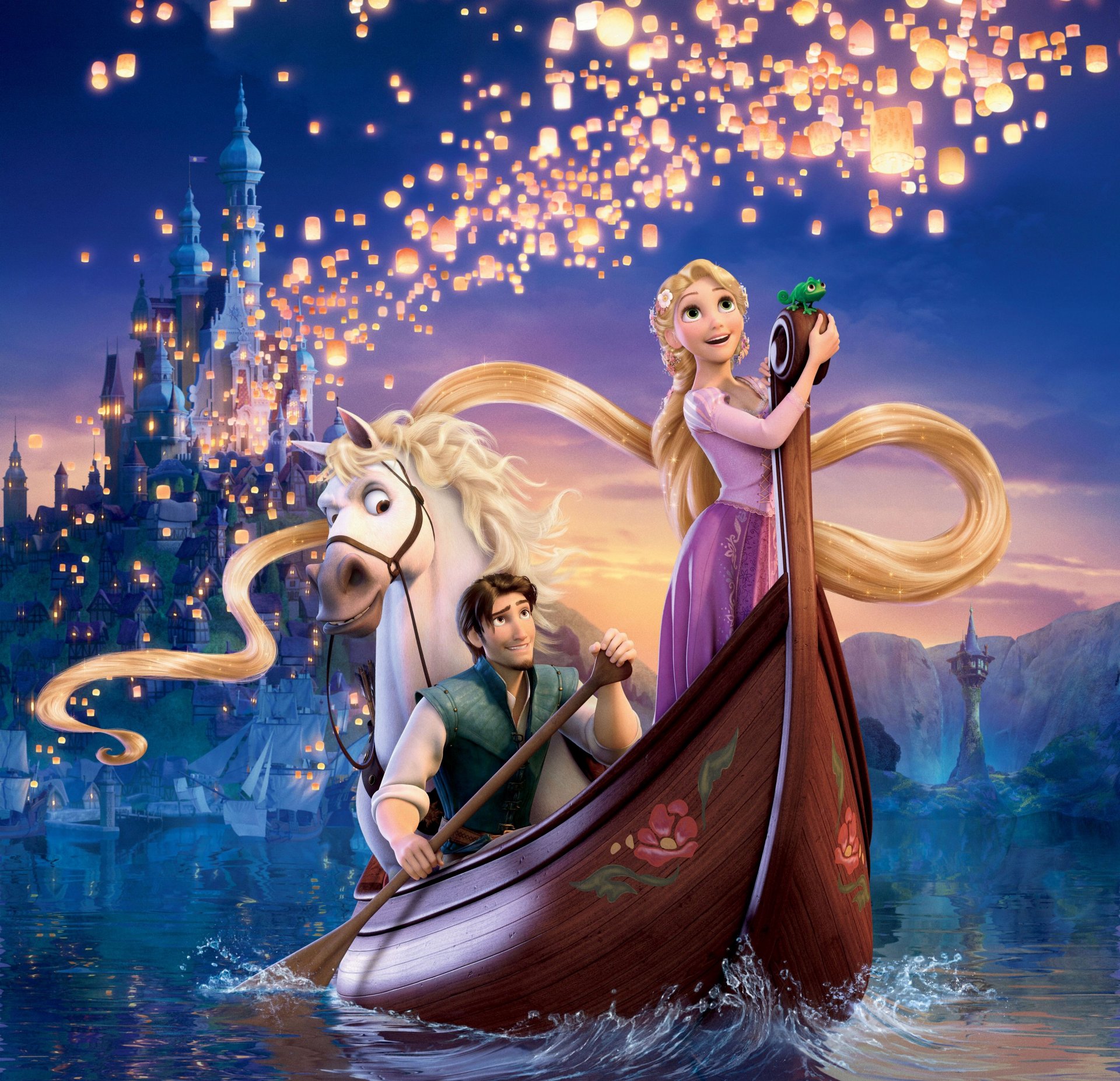 rapunzel: tangled rapunzel flynn massimo massimo pascal principessa ladro cavallo camaleonte capelli palazzo castello torre cielo notte fiume acqua montagne nave onde luci lanterne