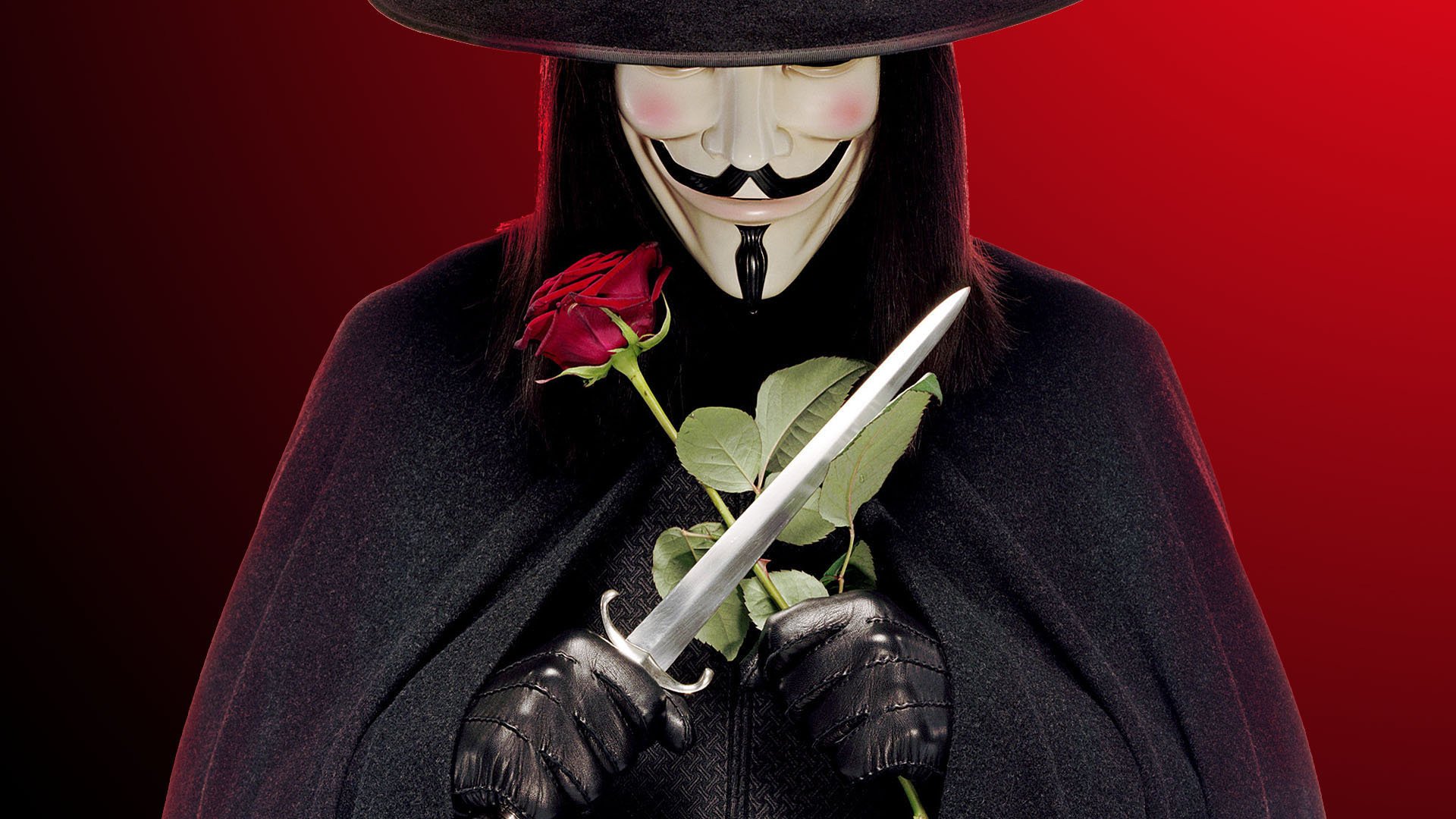 v bedeutet vendetta v v oh ja er ist es und er ist wunderschön : rose dolch guy-fox-maske hut mantel roter hintergrund schwarzer hintergrund handschuhe