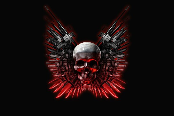 Skull with a wreath of knives on a black background