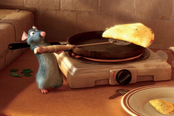 Dessin animé Ratatouille. Rat prépare des crêpes