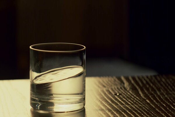 A glass of water on a wooden table