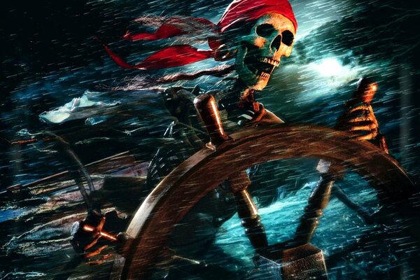 A skeleton at the helm of a ship in the rain