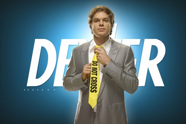 Dexter ties a ribbon tie for crime scene restrictions