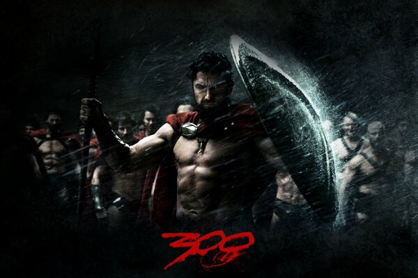 Poster for the film 300 Spartans. Dark image, rain