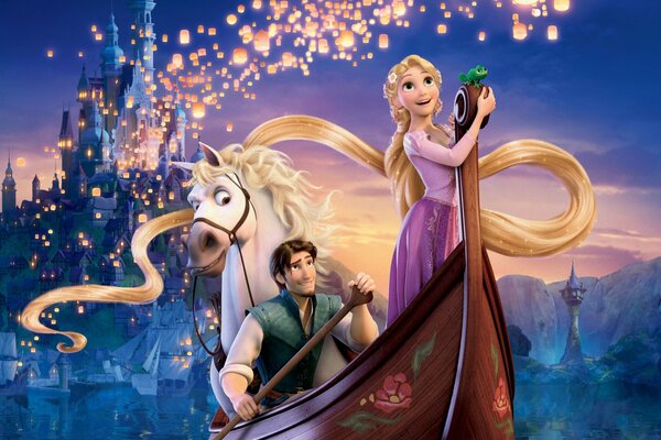 Rapunzel con un amico a bordo di una barca