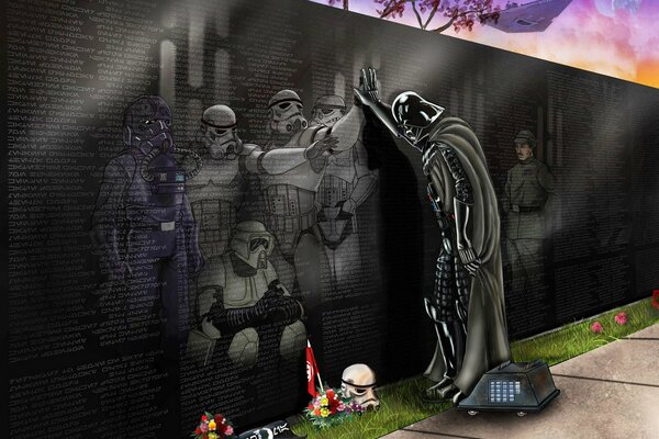 Darth Vader is sad at the Stormtroopers memorial plaque