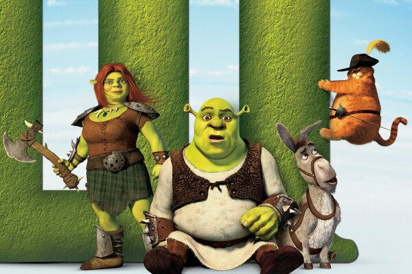 Shrek mit Fiona ist eine Barbarin und eine dicke Katze mit einem Esel