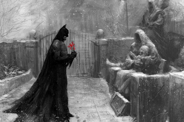 Batman brought a bouquet of flowers to the grave of a mother with a child
