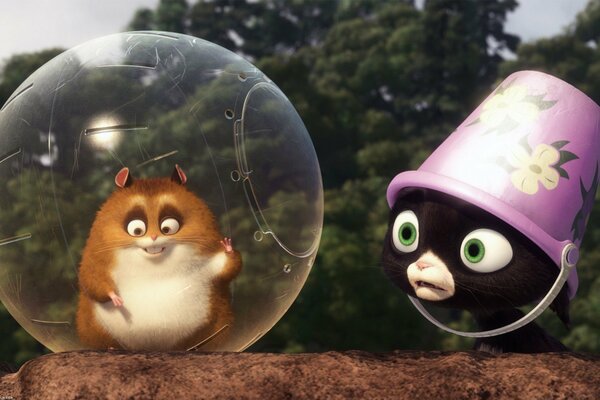 A frame from a cartoon depicting a hamster and a cat