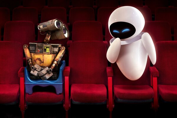 Cartoon about robots Willy and Eva. Robots in red chairs in the cinema